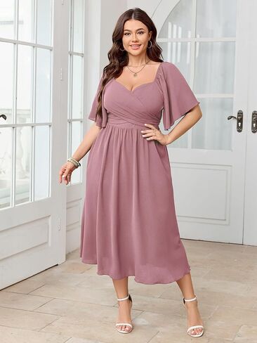 Women's Plus Size Midi Dress Sweetheart Neck Short Sleeve Wedding Guest Cocktail A Line Flowy Dress in Kuwait