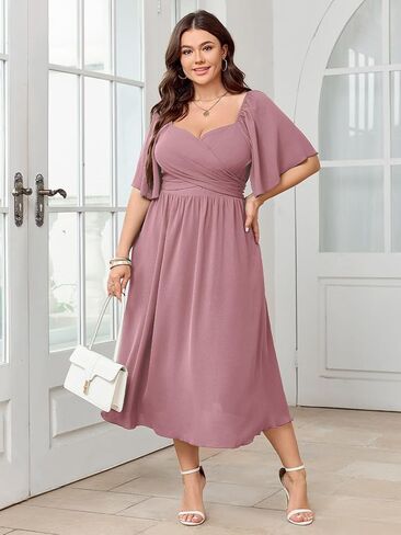 Women's Plus Size Midi Dress Sweetheart Neck Short Sleeve Wedding Guest Cocktail A Line Flowy Dress in Kuwait