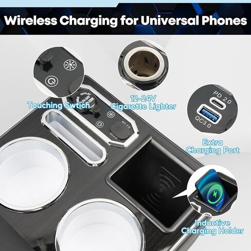 Upgraded Center Console, Truck Bench Front Seats Center Console Organizer and Storage, Cup & Phone Holder for Minivan, SUV, Middle Van, Fast Phone Charging & 7-Color Adjustable LED Lighting (Black) in Saudi Arabia