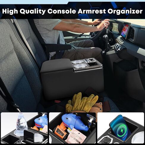 Upgraded Center Console, Truck Bench Front Seats Center Console Organizer and Storage, Cup & Phone Holder for Minivan, SUV, Middle Van, Fast Phone Charging & 7-Color Adjustable LED Lighting (Black) in Saudi Arabia