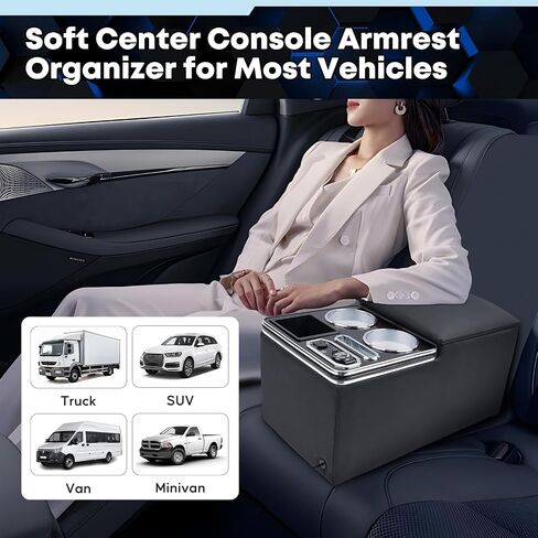 Upgraded Center Console, Truck Bench Front Seats Center Console Organizer and Storage, Cup & Phone Holder for Minivan, SUV, Middle Van, Fast Phone Charging & 7-Color Adjustable LED Lighting (Black) in Saudi Arabia