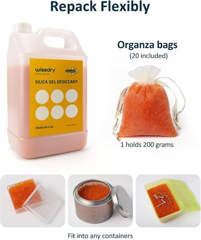 wisedry [ 8 LBS ] Reusable Silica Gel Beads Color Indicating Rechargeable Desiccant Beads Bulk with 20 Pcs Organza Drawstring Bags in Kuwait