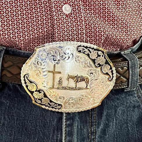 Montana Silversmiths Christian Cowboy Bright Cut Striking Engraved Rope Trim Oval Western Belt Buckle in Kuwait