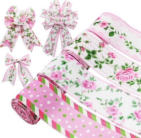 4 Rolls Pink Floral Wired Ribbon Set - 2.5 Inch Wide, 20 Yards Total – Rose Patterned Pink and White Vintage Satin Ribbon for Crafts, Spring, and Floral Decor in Kuwait