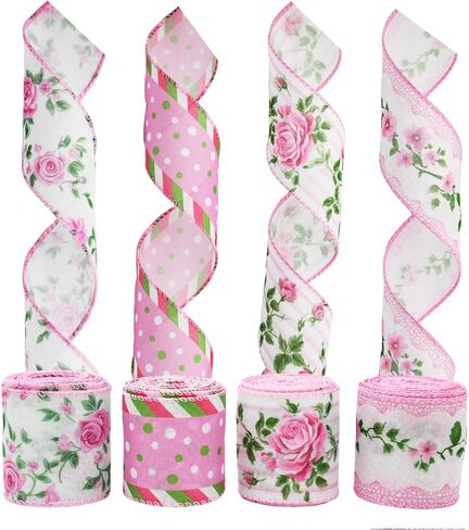 4 Rolls Pink Floral Wired Ribbon Set - 2.5 Inch Wide, 20 Yards Total – Rose Patterned Pink and White Vintage Satin Ribbon for Crafts, Spring, and Floral Decor in Kuwait