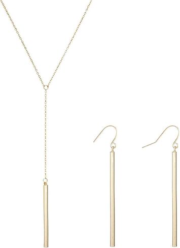 Dcfywl731 Minimal Dainty Gold Plated Dangle Earrings Layered Bar Pendant Neckalce Gold Long Y-Necklace Gold Earrings and Necklaces Set Delicate Lariat Chain Jewelry for Women in Saudi Arabia