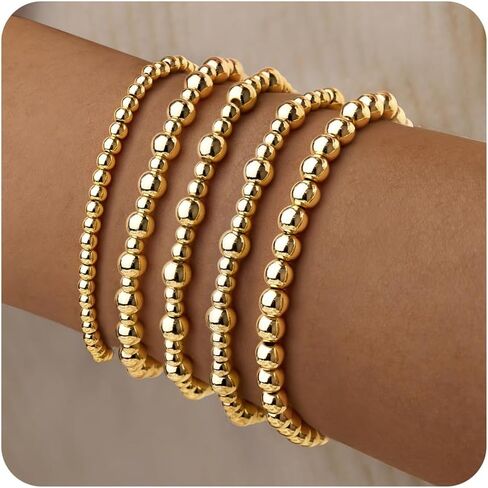 Gold Bracelet for Women Waterproof 14K Gold Plated Gold Bead Ball Bracelet Trendy Stretchable Elastic Hypoallergenic Bohemian Stackable Bracelet Stack Jewelry in Kuwait