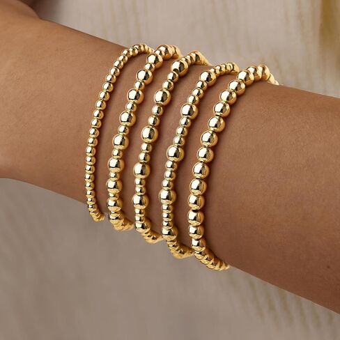 Gold Bracelet for Women Waterproof 14K Gold Plated Gold Bead Ball Bracelet Trendy Stretchable Elastic Hypoallergenic Bohemian Stackable Bracelet Stack Jewelry in Kuwait