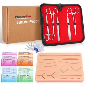 Suture Practice Kit: Complete Suture Kit with Needles, 20 Threads, 14 Pre-Cut Wounds on Silicone Pad, 32 Pieces Total for Medical Students' Repeated Suture Training in Saudi Arabia