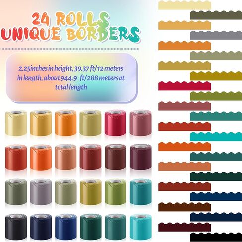 TaoBary Scalloped Bulletin Board Borders Set - 24 Rolls 944.9 ft Scalloped Rolled Trim Board Border Decorations for Office School Teachers Classroom Decor DIY Posters Birthday Party(Rainbow Color) in Saudi Arabia