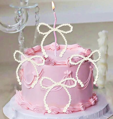 Pearl Bow Cake Topper Bowknot Ribbons Coquette Bow Cake Dessert Picks for Decorations Bridal Baby Shower Birthday Wedding in Kuwait