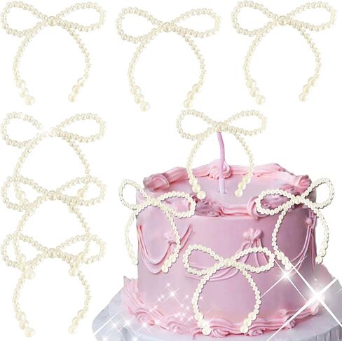 Pearl Bow Cake Topper Bowknot Ribbons Coquette Bow Cake Dessert Picks for Decorations Bridal Baby Shower Birthday Wedding in Kuwait