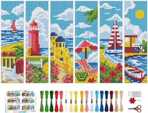 BEUNITONE 6 Pcs Cute Animals Cross Stitch Bookmark Kit for Beginner Adults DIY Beach Stamped Embroidery Bookmark Kits with Instruction for Starters Printed Cross Stitch Kits for Book Lover 8''x2.4'' in Saudi Arabia