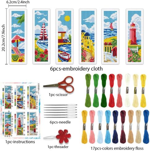 BEUNITONE 6 Pcs Cute Animals Cross Stitch Bookmark Kit for Beginner Adults DIY Beach Stamped Embroidery Bookmark Kits with Instruction for Starters Printed Cross Stitch Kits for Book Lover 8''x2.4'' in Saudi Arabia