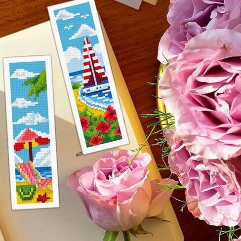 BEUNITONE 6 Pcs Cute Animals Cross Stitch Bookmark Kit for Beginner Adults DIY Beach Stamped Embroidery Bookmark Kits with Instruction for Starters Printed Cross Stitch Kits for Book Lover 8''x2.4'' in Saudi Arabia