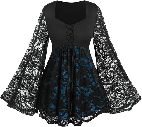 ROSE GAL Women Plus Size Lace-up Gothic Tee Witch Halloween Costume Bell Sleeves T-Shirt in Saudi Arabia