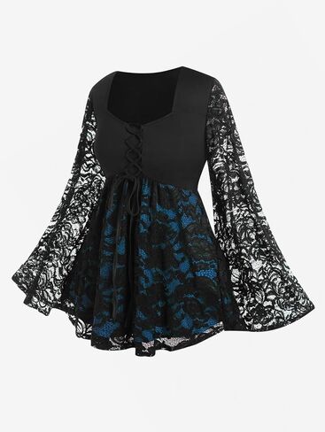 ROSE GAL Women Plus Size Lace-up Gothic Tee Witch Halloween Costume Bell Sleeves T-Shirt in Saudi Arabia