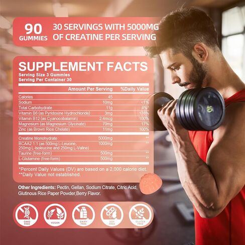 Creatine Monohydrate Gummies - 5000mg Creatine Monohydrate for Men & Women, with BCAA, L-Taurine, Alpha GPC and Omega-3, Increase Strength and Build Muscle, Blueberry Flavor, 120 Gummies in Saudi Arabia