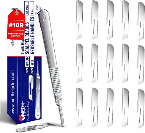 #10R شفرات Dermaplaning مع مقبض - حزمة من 15 شفرات من Dermaplane للوجه للنساء + مقبض الفولاذ المقاوم للصدأ مقبض #3 - أداة dermaplaning احترافية للبشرة السلسة والمشرقة in Kuwait