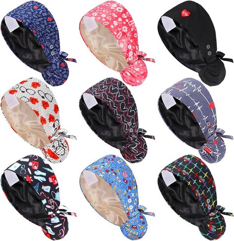 9 Pcs Satin Lined Nurse Cap Adjustable Working Cap with Button and Sweatband Cotton Working Hats Surgical Caps for Women CNA Week Scrubs Nurse Hats for Women Men Medical Doctor Multicolor in Saudi Arabia