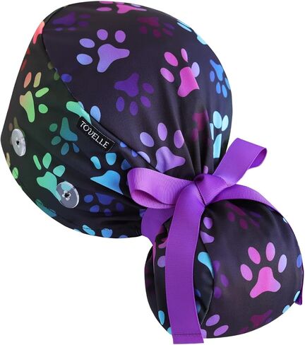 قبعة فرك ذيل الحصان للنساء-غطاء جراحي قوس قزح الأسود مع الأزرار ، والتعرق والطباعة على الوجهين ، وقبعة جراحية قابلة للتعديل للنساء لتأمين شعر طويل ويساعد على تقليل تراكم ثابت in Kuwait