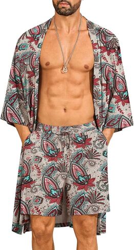 Swomog Mens رداء Kimono خفيفة الوزن مع شورت شورت 2 PCS طباعة رداء الحمام الياباني كارديجان مع حزام وجيوب in Saudi Arabia