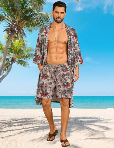 Swomog Mens رداء Kimono خفيفة الوزن مع شورت شورت 2 PCS طباعة رداء الحمام الياباني كارديجان مع حزام وجيوب in Saudi Arabia