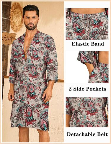 Swomog Mens رداء Kimono خفيفة الوزن مع شورت شورت 2 PCS طباعة رداء الحمام الياباني كارديجان مع حزام وجيوب in Saudi Arabia