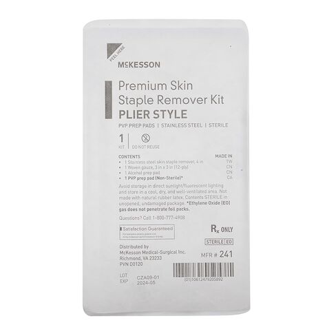 McKesson Premium Skin Staple Remover Kit - Stainless Steel Staple Remover 4 ", Woven Gauze 3" x 3" 12-Ply, Alcohol Prep Pad, PVP Prep Pad, Sterile, Single Use – Pack of 5 EA. in Saudi Arabia