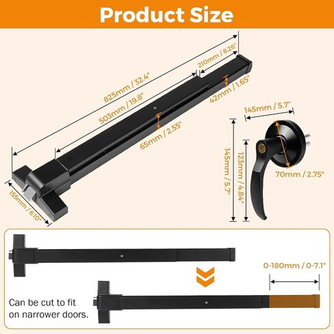 BEAMNOVA 32 in 2-in-1 Commercial Door Push Bar Panic Exit Device Exterior Lever Allen Key Lock Set Roller Strike Plate End Cap, for 32.5 to 47.2 inches Wide Door, Black in Kuwait