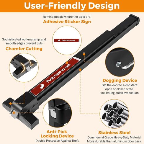 BEAMNOVA 32 in 2-in-1 Commercial Door Push Bar Panic Exit Device Exterior Lever Allen Key Lock Set Roller Strike Plate End Cap, for 32.5 to 47.2 inches Wide Door, Black in Kuwait