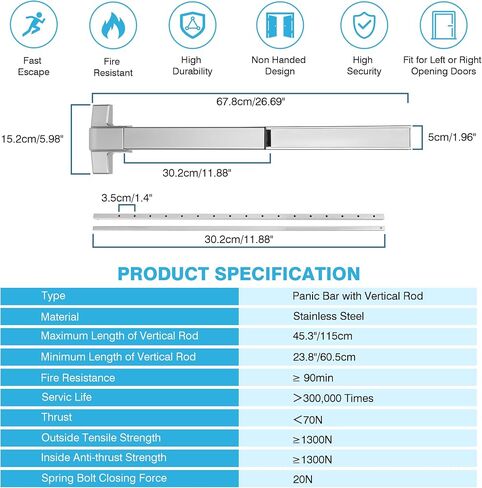 Ironwalls Surface Rod Rod Rod Bar ، Black 27.5 'Door Door Push Bar Device with One Point Top Face ، قفل باب الطوارئ الصلب للأبواب العريضة من 27'-41 in Kuwait