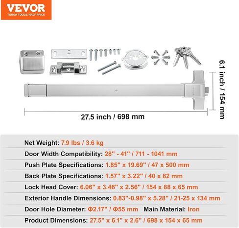 VEVOR Door Push Bar Panic Exit Device, 31" Stainless Steel Commercial Emergency Exit Door Push Bar with Exterior Lever and 3 Keys, Emergency Exit Door Hardware for 30"-36" Metal Wood Door in Saudi Arabia