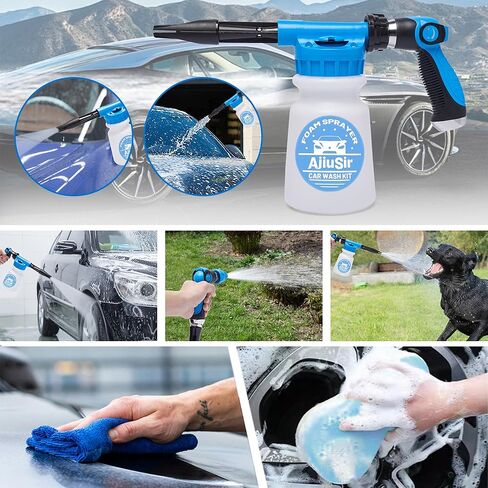 Foam Gun Car Wash Sprayer + Washing Sponge & Absorbent Towel, Hose Nozzle Foam Cannon Car Washing Kit, for Garden Cleaning, Pet Showering in Kuwait
