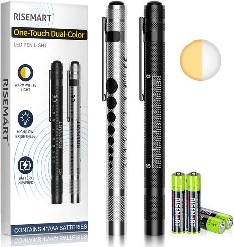 Risemart 2 Pack Pen Light للممرضات ، Penllight Medical مع مفتاح واحد للضوء الأبيض والدافئ ، مقياس تلميذ وحاكم 5 سم ، مقطع جيب ، متين LED Penllights للتمريض ، الأطباء ، الطلاب in Kuwait