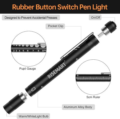 Risemart 2 Pack Pen Light للممرضات ، Penllight Medical مع مفتاح واحد للضوء الأبيض والدافئ ، مقياس تلميذ وحاكم 5 سم ، مقطع جيب ، متين LED Penllights للتمريض ، الأطباء ، الطلاب in Kuwait