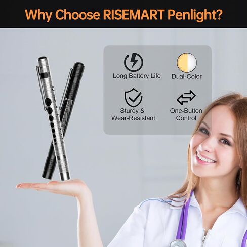 Risemart 2 Pack Pen Light للممرضات ، Penllight Medical مع مفتاح واحد للضوء الأبيض والدافئ ، مقياس تلميذ وحاكم 5 سم ، مقطع جيب ، متين LED Penllights للتمريض ، الأطباء ، الطلاب in Kuwait