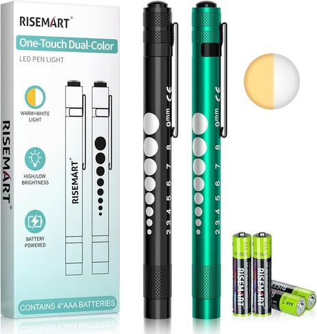 Risemart 2 Pack Pen Light للممرضات ، Penllight Medical مع مفتاح واحد للضوء الأبيض والدافئ ، مقياس تلميذ وحاكم 5 سم ، مقطع جيب ، متين LED Penllights للتمريض ، الأطباء ، الطلاب in Kuwait