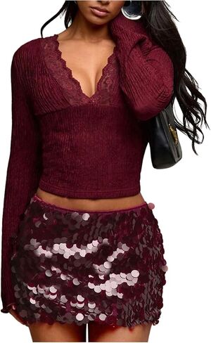 MakeMeChic Women's Sequin Skirt Mini Skirt Summer Bodycon Sparkly Skirt with Shorts Underneath Pink X-Small in Kuwait