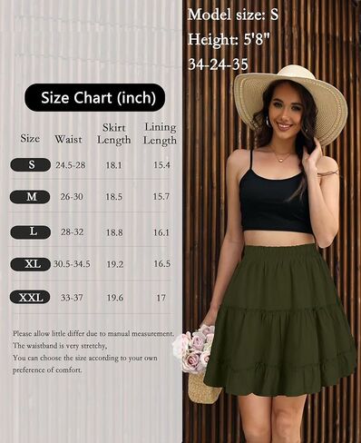 التنانير الصيفية للنساء 2025 العطلات القطن كشكش مرنة الخصر A-LINE تنورة قصيرة غير رسمية in Kuwait