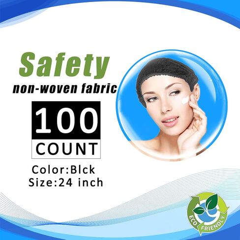 قبعات بوفانت التي يمكن التخلص منها 100pcs ، شبكة شعر 24inches ، قبعة غبار مرنة لخدمة الطعام ، صالون ، سبا ، غطاء رأس المطبخ (أسود) in Kuwait