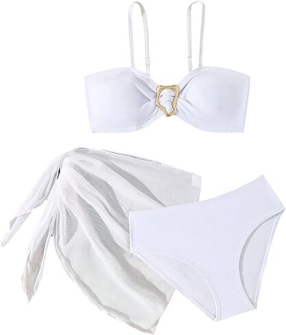 SweatyRocks Girl's 3 Piece Swimsuit High Waist Spaghetti Strap Bathing Suit with Mesh Sarong Wraps in Saudi Arabia