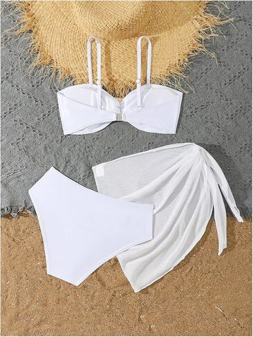 SweatyRocks Girl's 3 Piece Swimsuit High Waist Spaghetti Strap Bathing Suit with Mesh Sarong Wraps in Saudi Arabia