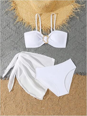 SweatyRocks Girl's 3 Piece Swimsuit High Waist Spaghetti Strap Bathing Suit with Mesh Sarong Wraps in Saudi Arabia