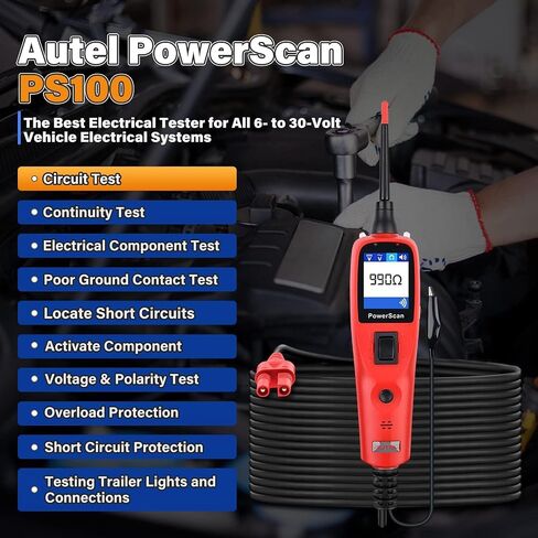 2025 Autel PowerScan PS100 Power Proper Probe Tester ، 12-24V Automotive Electrical Open/Short Breaker Finder ، أداة اختبار تنشيط المكون ، اختبار FUSE RELAY TRALAY AC/DC ، كابل 40 قدمًا ، لسيارات 99 ٪ in Kuwait