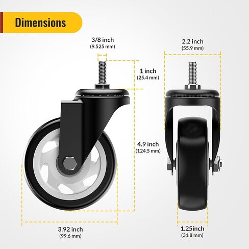 HOLKIE Stem Caster Wheels 2 inch Total Locking Casters Set of 4, Threaded Stem 3/8" -16 x 1 (Diameter 3/8", Length 1") Swivel Heavy Duty Castors Black in Kuwait