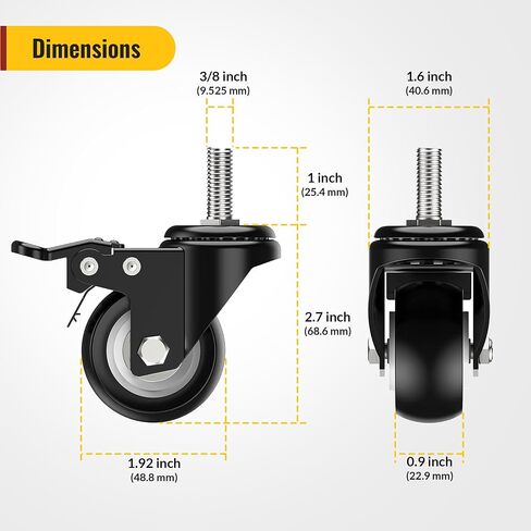 HOLKIE Stem Caster Wheels 2 inch Total Locking Casters Set of 4, Threaded Stem 3/8" -16 x 1 (Diameter 3/8", Length 1") Swivel Heavy Duty Castors Black in Kuwait