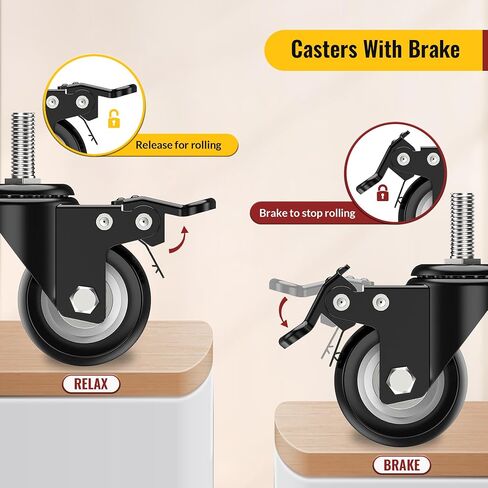 HOLKIE Stem Caster Wheels 2 inch Total Locking Casters Set of 4, Threaded Stem 3/8" -16 x 1 (Diameter 3/8", Length 1") Swivel Heavy Duty Castors Black in Kuwait