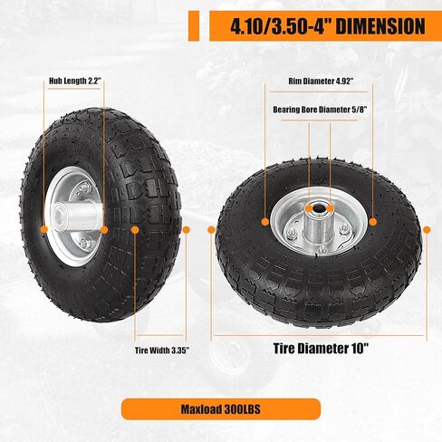 2 Pack 4.10/3.50-4 Tire and Wheel, Premium Rubber Pneumatic Replacement Wheels, Washers and Cotter Pins, with 5/8" Bearings & 2.2" Offset Hub, Compatible with Hand Truck Wheelbarrow Wagon Dollies in Saudi Arabia