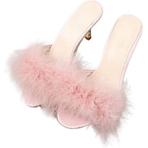 YIBLBOX Women's Round Toe Sandal Fluffy Feather Slippers Kitten Heeled Slippers in Kuwait